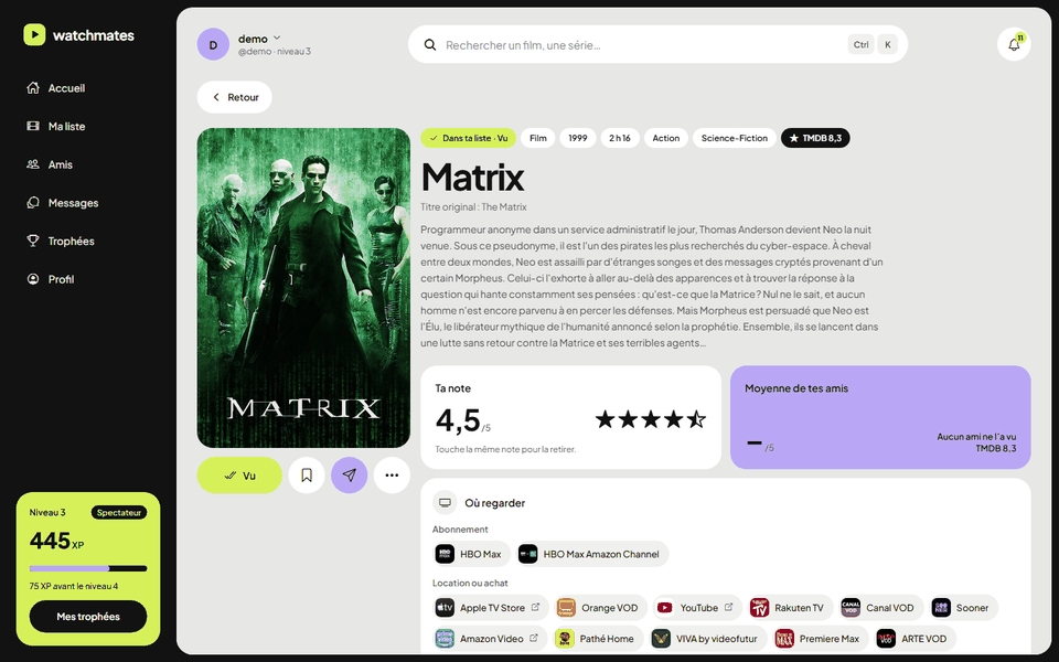 Fiche du film Matrix : affiche, résumé, note 4,5 sur 5, moyenne des amis et plateformes où le regarder