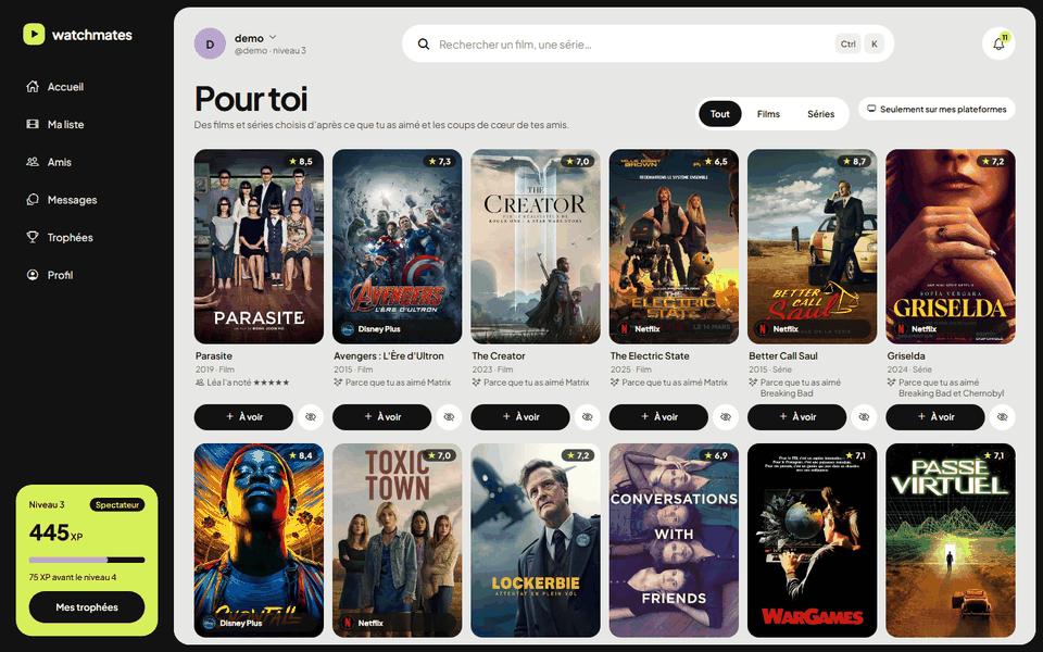 Écran « Pour toi » : grille d’affiches recommandées avec la raison de chaque suggestion et la plateforme de diffusion