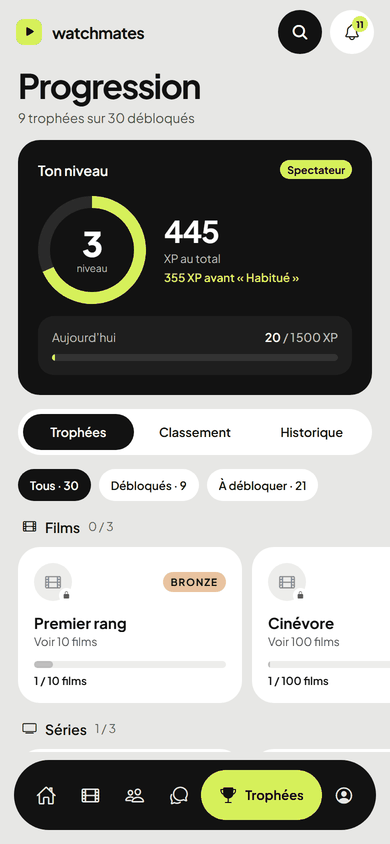 Écran Progression sur téléphone : niveau 3, 445 XP, trophées à débloquer